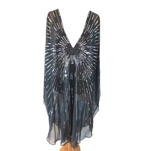 BCBG Max Azria Size XS 4 - 6  Black Silk Sequin Draped Tinic Top Designer Gown